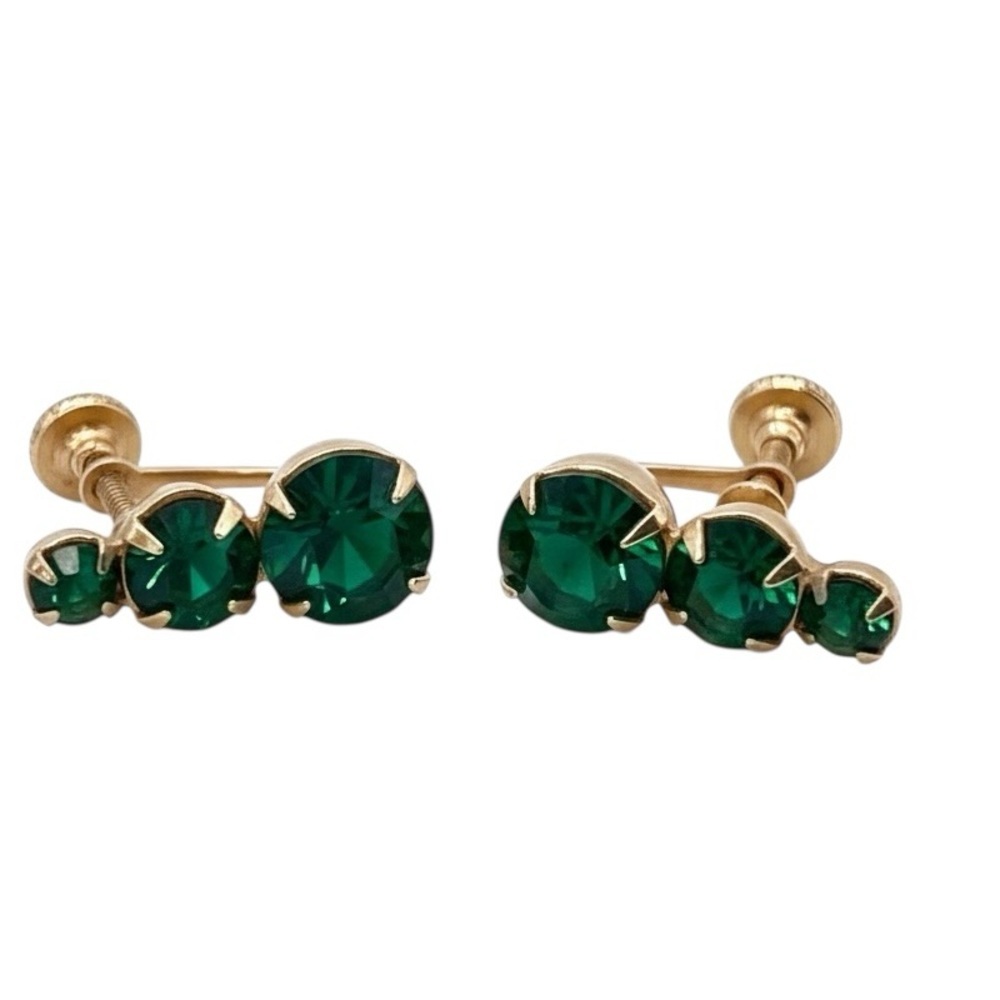 Vintage Emerald Green Goldtone Clip On Screwback Teardrop Earrings - Picture 2 of 6
